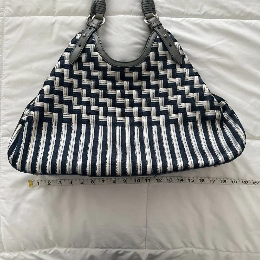 COLE HAAN Genevieve Woven Triangle Hobo Shoulder Handbag Tote Silk Raffia Blue